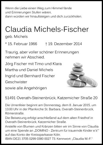 Anzeige von Claudia Michels-Fischer von Kölner Stadt-Anzeiger / Kölnische Rundschau / Express