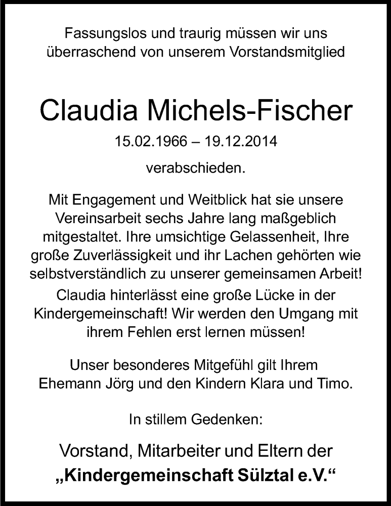  Traueranzeige für Claudia Michels-Fischer vom 06.01.2015 aus Kölner Stadt-Anzeiger / Kölnische Rundschau / Express