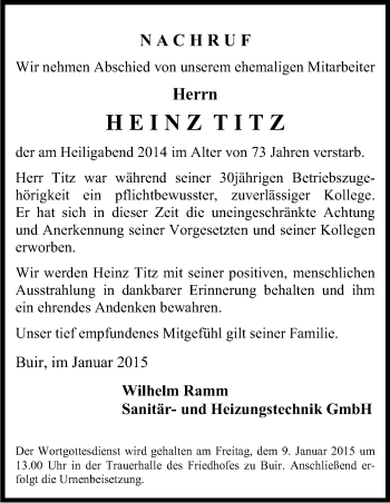 Anzeige von Heinz Titz von Kölner Stadt-Anzeiger / Kölnische Rundschau / Express