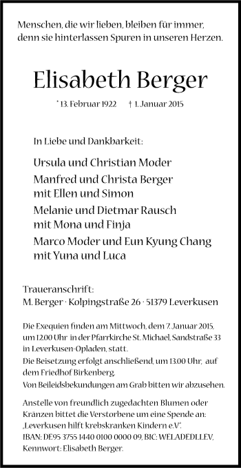 Anzeige von Elisabeth Berger von Kölner Stadt-Anzeiger / Kölnische Rundschau / Express