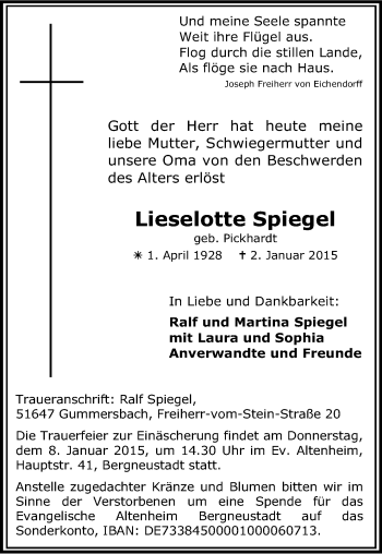 Anzeige von Lieselotte Spiegel von Kölner Stadt-Anzeiger / Kölnische Rundschau / Express