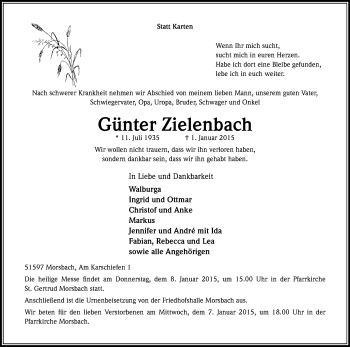 Anzeige von Günter Zielenbach von Kölner Stadt-Anzeiger / Kölnische Rundschau / Express