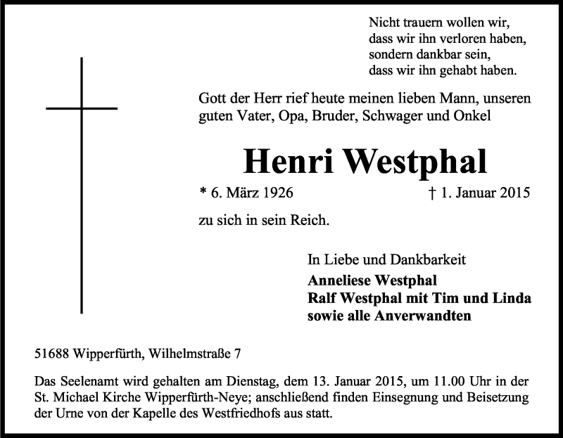  Traueranzeige für Henri Westphal vom 05.01.2015 aus Kölner Stadt-Anzeiger / Kölnische Rundschau / Express