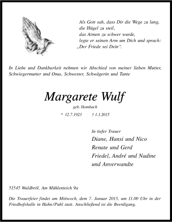 Anzeige von Margarete Wulf von Kölner Stadt-Anzeiger / Kölnische Rundschau / Express