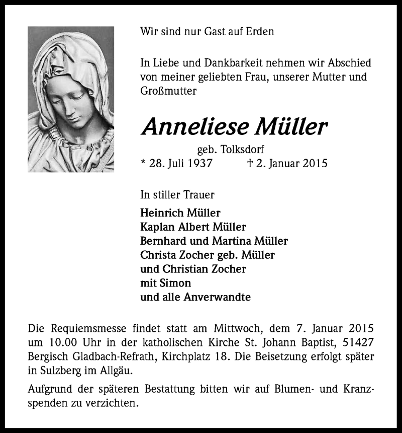  Traueranzeige für Anneliese Müller vom 05.01.2015 aus Kölner Stadt-Anzeiger / Kölnische Rundschau / Express
