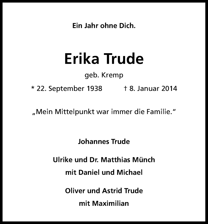  Traueranzeige für Erika Trude vom 08.01.2015 aus Kölner Stadt-Anzeiger / Kölnische Rundschau / Express