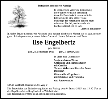 Anzeige von Ilse Engelbertz von Kölner Stadt-Anzeiger / Kölnische Rundschau / Express