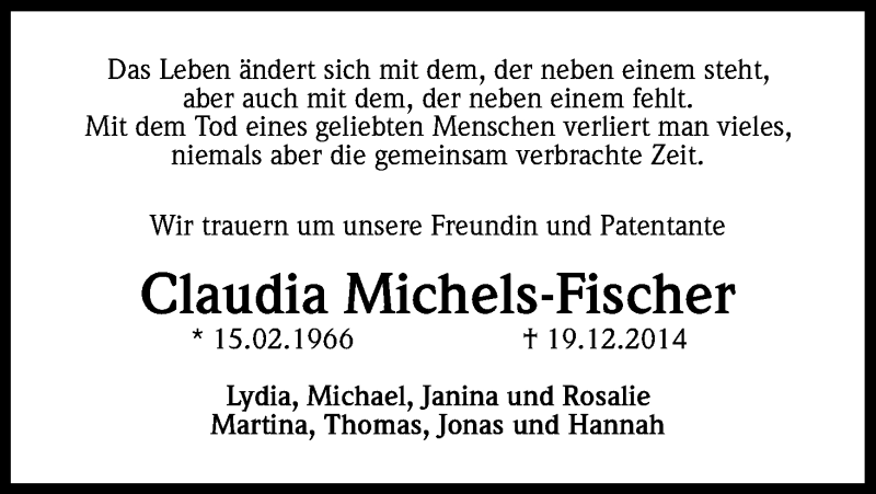  Traueranzeige für Claudia Michels-Fischer vom 06.01.2015 aus Kölner Stadt-Anzeiger / Kölnische Rundschau / Express