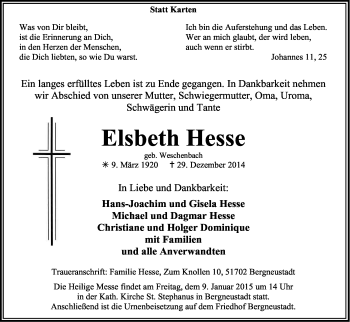 Anzeige von Elsbeth Hesse von Kölner Stadt-Anzeiger / Kölnische Rundschau / Express
