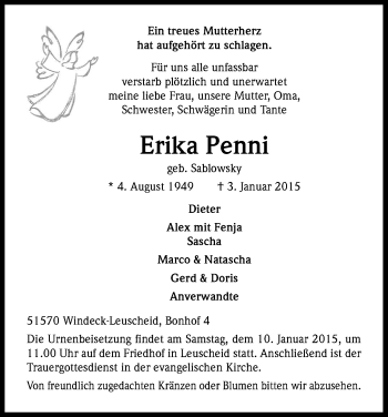 Anzeige von Erika Penni von Kölner Stadt-Anzeiger / Kölnische Rundschau / Express