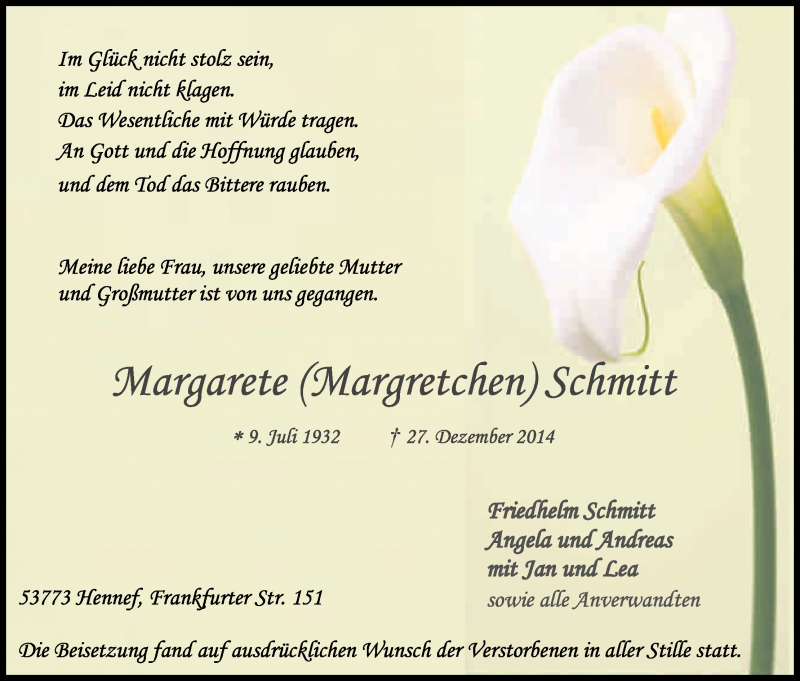  Traueranzeige für Margarete Schmitt vom 06.01.2015 aus Kölner Stadt-Anzeiger / Kölnische Rundschau / Express
