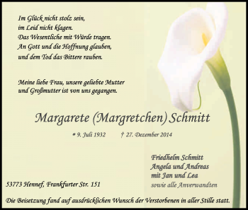 Anzeige von Margarete Schmitt von Kölner Stadt-Anzeiger / Kölnische Rundschau / Express