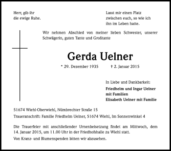 Anzeige von Gerda Uelner von Kölner Stadt-Anzeiger / Kölnische Rundschau / Express