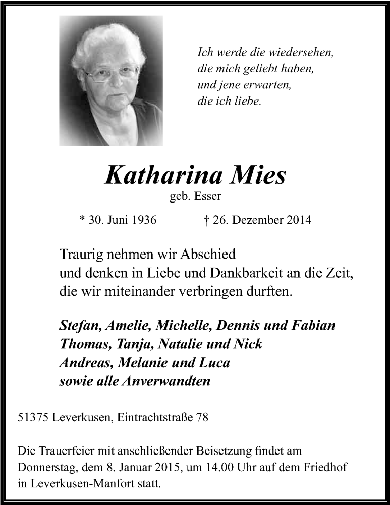  Traueranzeige für Katharina Mies vom 06.01.2015 aus Kölner Stadt-Anzeiger / Kölnische Rundschau / Express