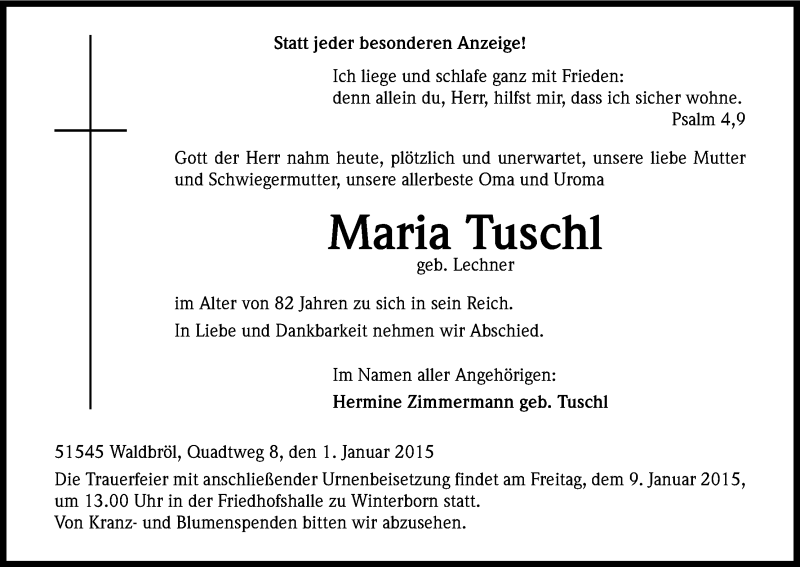  Traueranzeige für Maria Tuschl vom 06.01.2015 aus Kölner Stadt-Anzeiger / Kölnische Rundschau / Express