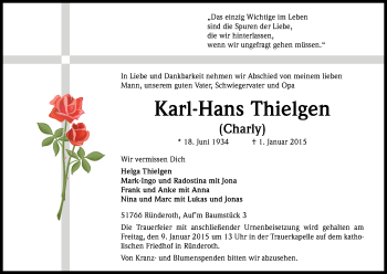 Anzeige von Karl-Hans Thielgen von Kölner Stadt-Anzeiger / Kölnische Rundschau / Express