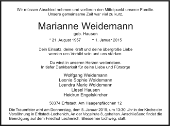 Anzeige von Marianne Weidemann von Kölner Stadt-Anzeiger / Kölnische Rundschau / Express