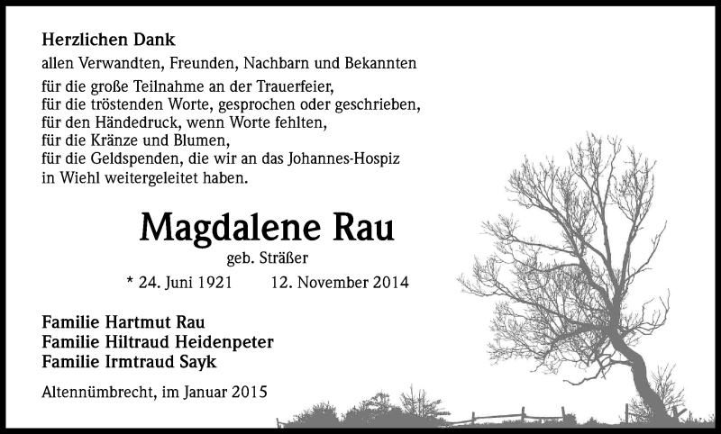  Traueranzeige für Magdalene Rau vom 07.01.2015 aus Kölner Stadt-Anzeiger / Kölnische Rundschau / Express