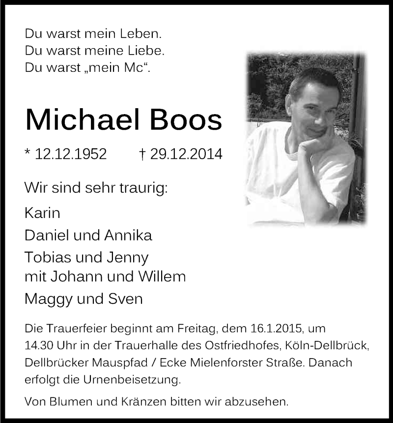  Traueranzeige für Michael Boos vom 08.01.2015 aus Kölner Stadt-Anzeiger / Kölnische Rundschau / Express