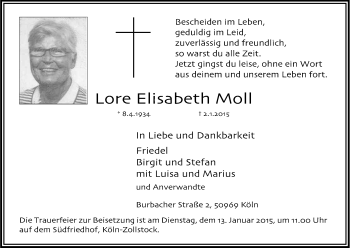 Anzeige von Lore Elisabeth Moll von Kölner Stadt-Anzeiger / Kölnische Rundschau / Express