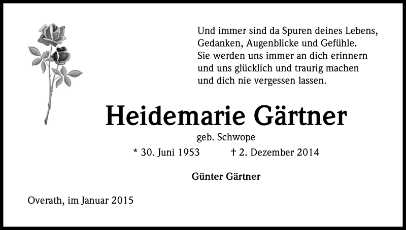  Traueranzeige für Heidemarie Gärtner vom 07.01.2015 aus Kölner Stadt-Anzeiger / Kölnische Rundschau / Express