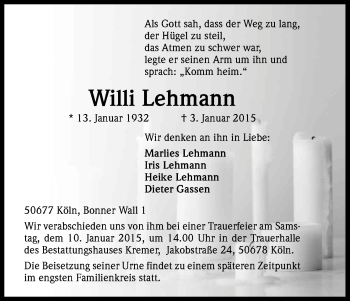 Anzeige von Willi Lehmann von Kölner Stadt-Anzeiger / Kölnische Rundschau / Express