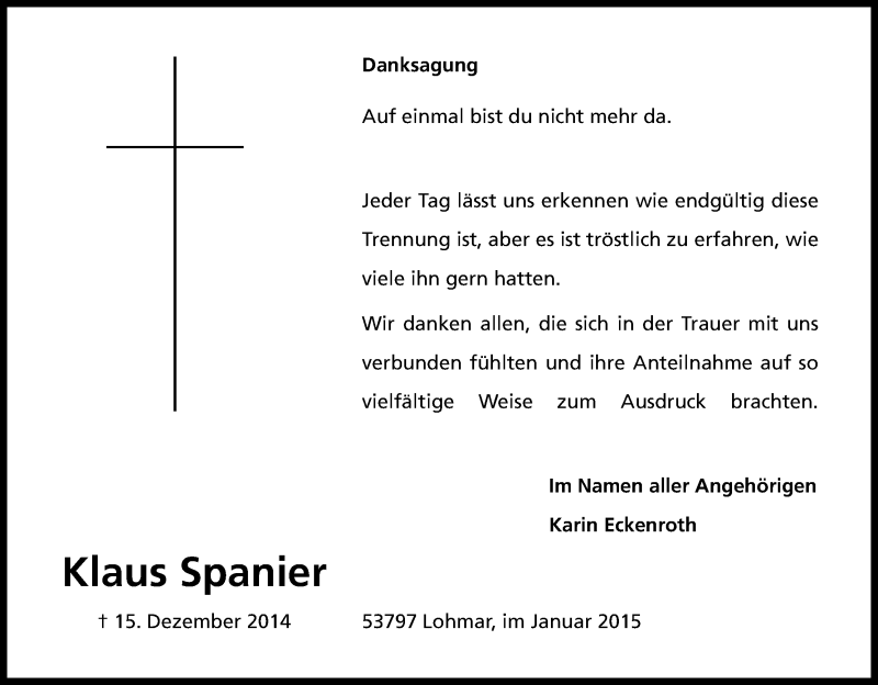  Traueranzeige für Klaus Spanier vom 10.01.2015 aus Kölner Stadt-Anzeiger / Kölnische Rundschau / Express