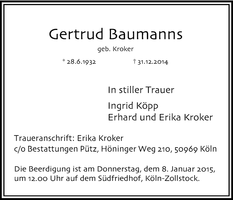  Traueranzeige für Gertrud Baumanns vom 06.01.2015 aus Kölner Stadt-Anzeiger / Kölnische Rundschau / Express