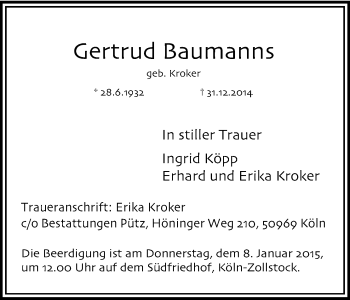 Anzeige von Gertrud Baumanns von Kölner Stadt-Anzeiger / Kölnische Rundschau / Express