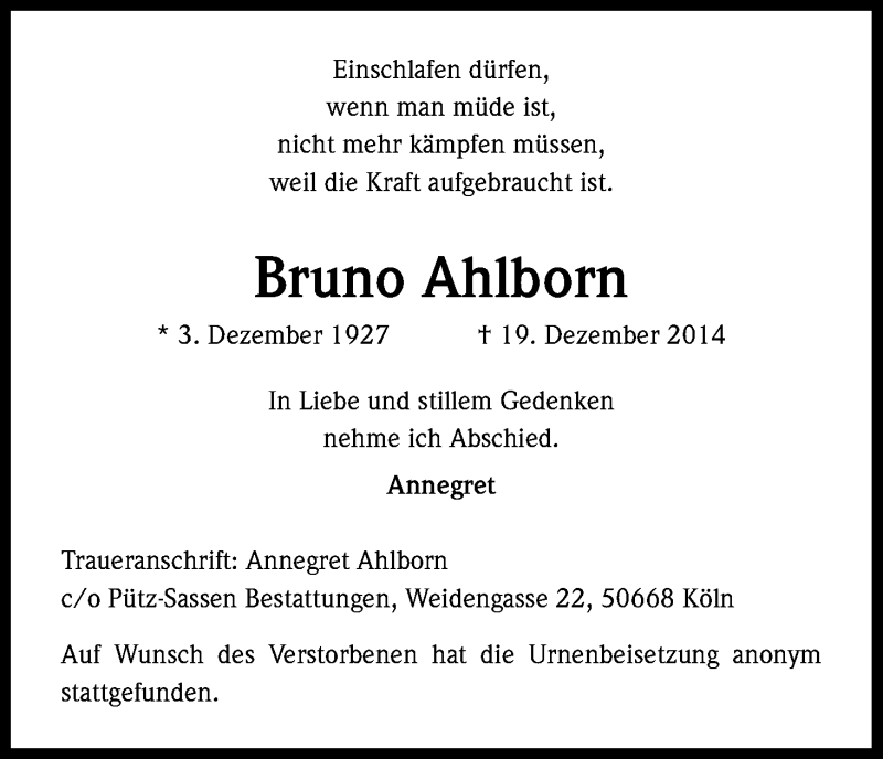  Traueranzeige für Bruno Ahlborn vom 07.01.2015 aus Kölner Stadt-Anzeiger / Kölnische Rundschau / Express