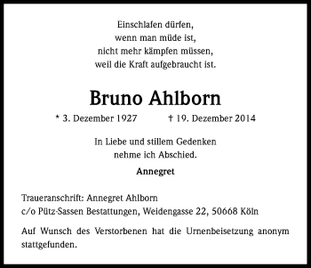 Anzeige von Bruno Ahlborn von Kölner Stadt-Anzeiger / Kölnische Rundschau / Express