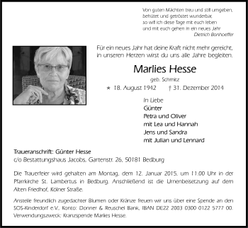 Anzeige von Marlies Hesse von Kölner Stadt-Anzeiger / Kölnische Rundschau / Express