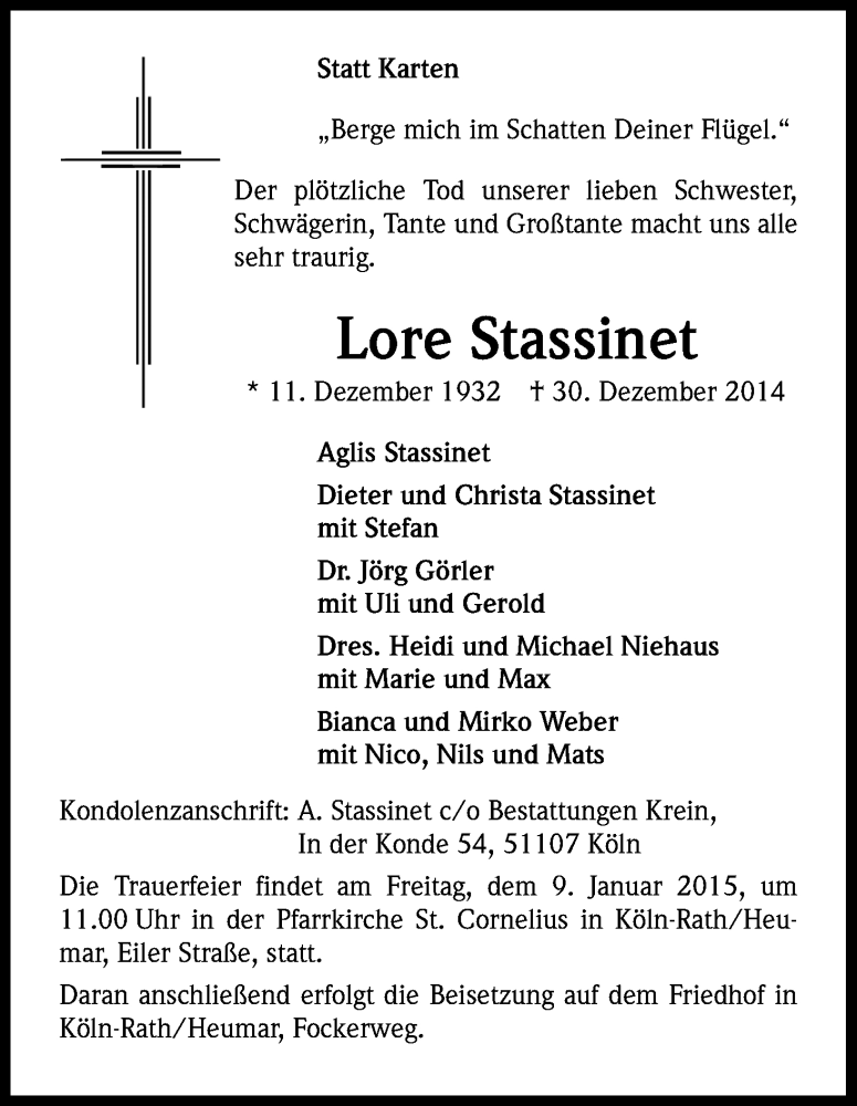  Traueranzeige für Lore Stassinet vom 07.01.2015 aus Kölner Stadt-Anzeiger / Kölnische Rundschau / Express
