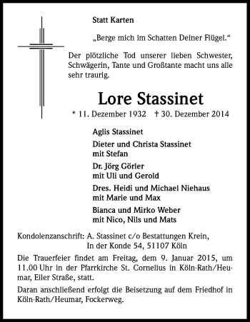 Anzeige von Lore Stassinet von Kölner Stadt-Anzeiger / Kölnische Rundschau / Express