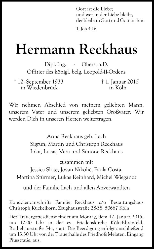  Traueranzeige für Hermann Reckhaus vom 07.01.2015 aus Kölner Stadt-Anzeiger / Kölnische Rundschau / Express