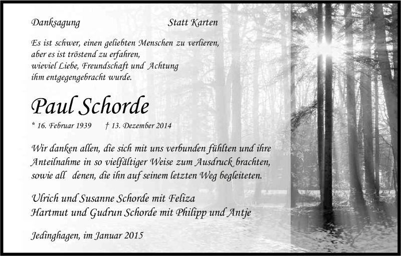  Traueranzeige für Paul Schorde vom 07.01.2015 aus Kölner Stadt-Anzeiger / Kölnische Rundschau / Express