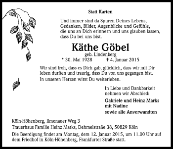 Anzeige von Käthe Göbel von Kölner Stadt-Anzeiger / Kölnische Rundschau / Express