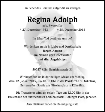 Anzeige von Regina Adolph von Kölner Stadt-Anzeiger / Kölnische Rundschau / Express