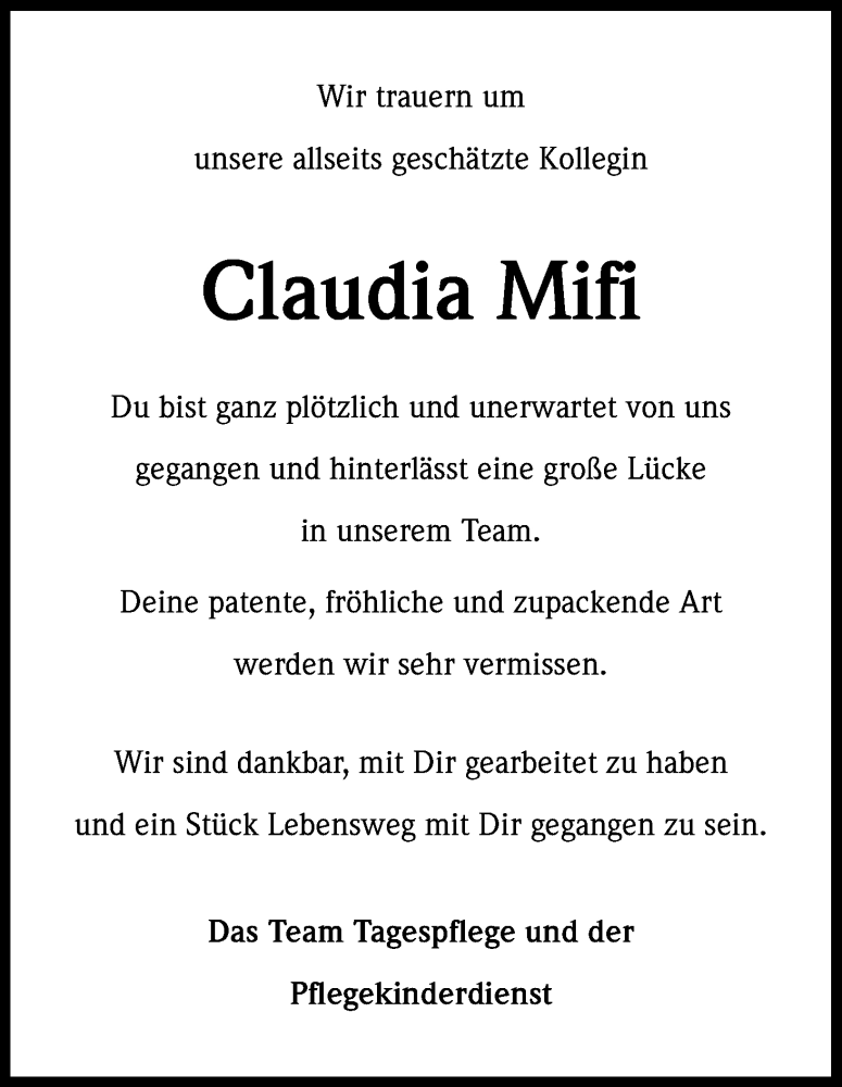  Traueranzeige für Claudia Michels-Fischer vom 06.01.2015 aus Kölner Stadt-Anzeiger / Kölnische Rundschau / Express