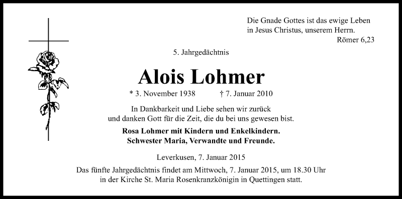  Traueranzeige für Alois Lohmer vom 07.01.2015 aus Kölner Stadt-Anzeiger / Kölnische Rundschau / Express