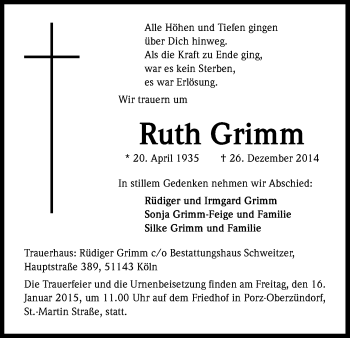 Anzeige von Ruth Grimm von Kölner Stadt-Anzeiger / Kölnische Rundschau / Express