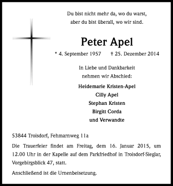 Anzeige von Peter Apel von Kölner Stadt-Anzeiger / Kölnische Rundschau / Express
