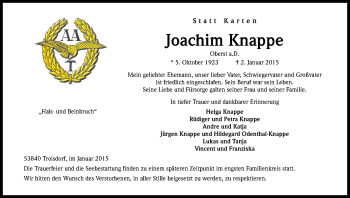 Anzeige von Joachim Knappe von Kölner Stadt-Anzeiger / Kölnische Rundschau / Express