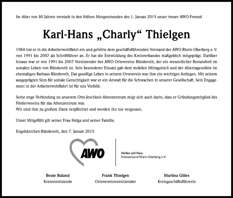  Traueranzeige für Karl-Hans Thielgen vom 07.01.2015 aus Kölner Stadt-Anzeiger / Kölnische Rundschau / Express