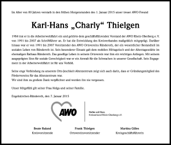 Anzeige von Karl-Hans Thielgen von Kölner Stadt-Anzeiger / Kölnische Rundschau / Express