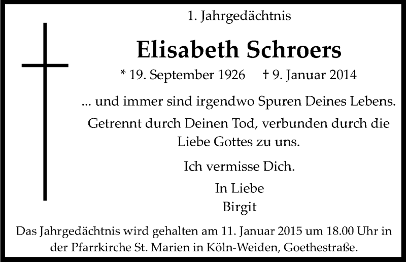  Traueranzeige für Elisabeth Schroers vom 10.01.2015 aus Kölner Stadt-Anzeiger / Kölnische Rundschau / Express