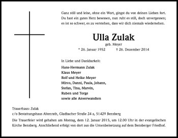 Anzeige von Ulla Zulak von Kölner Stadt-Anzeiger / Kölnische Rundschau / Express