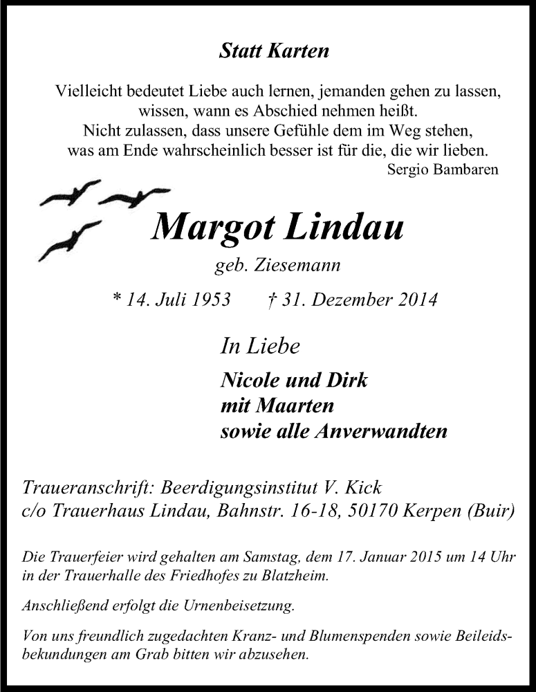  Traueranzeige für Margot Lindau vom 10.01.2015 aus Kölner Stadt-Anzeiger / Kölnische Rundschau / Express