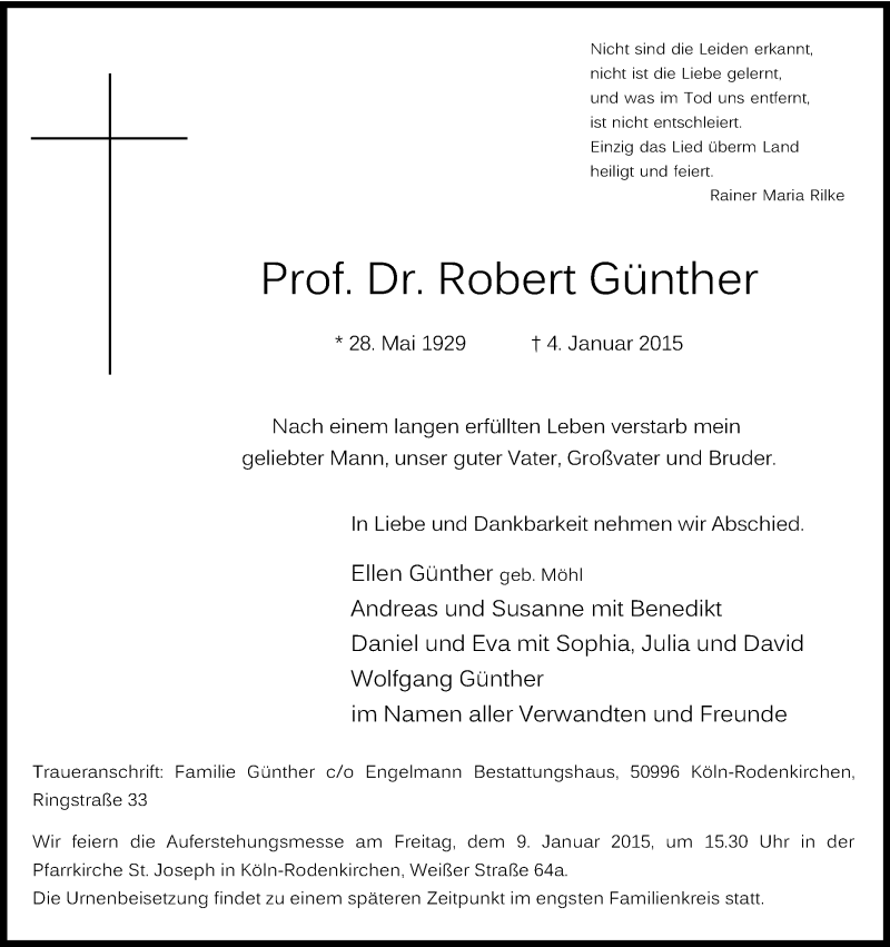  Traueranzeige für Robert Günther vom 07.01.2015 aus Kölner Stadt-Anzeiger / Kölnische Rundschau / Express