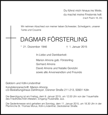 Anzeige von Dagmar Försterling von Kölner Stadt-Anzeiger / Kölnische Rundschau / Express